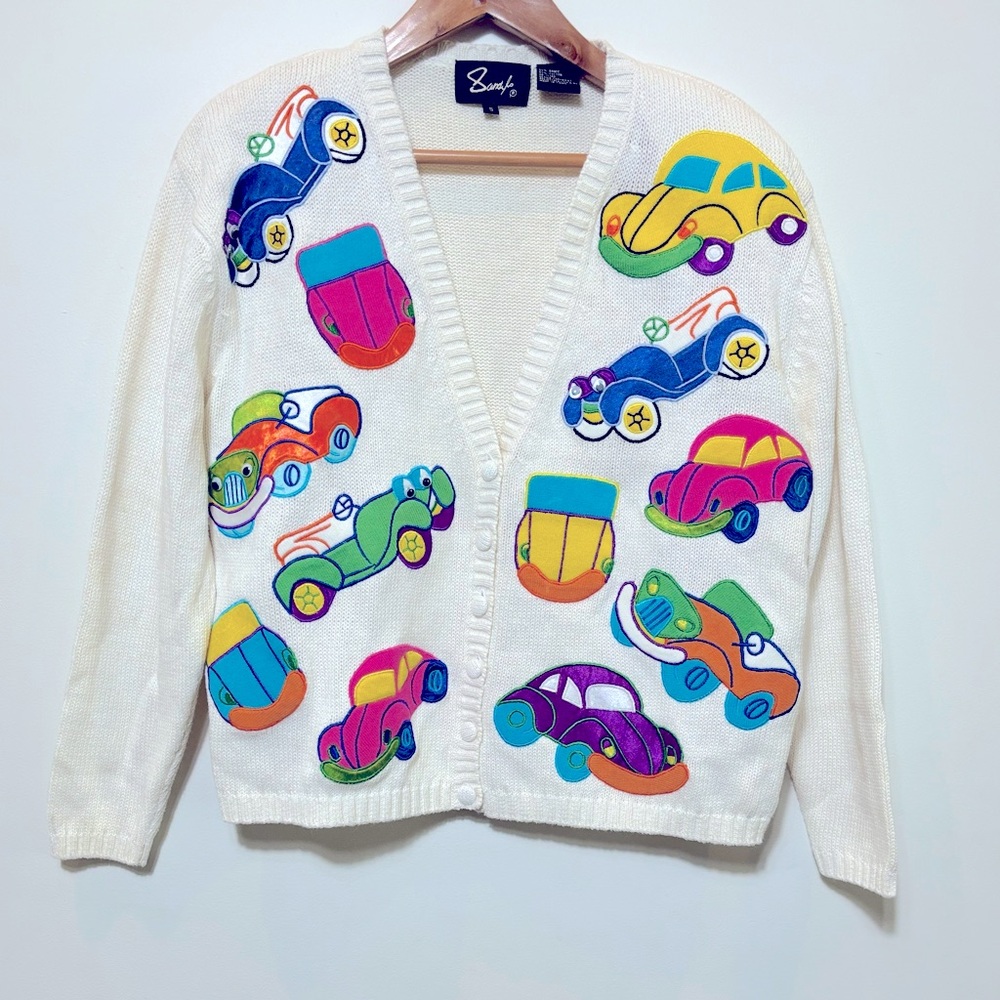 Vintage Sandylo Auto Buddies Cardigan Women’s Small White Sweater Embroidered